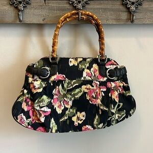Talbots Floral Satchel Bag Bamboo Handles Fabric Black Faux Leather Trim
